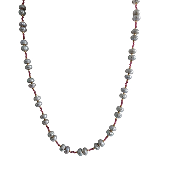 Pearl Necklace With Pink Spinel Gemstone Beads And 18K Gold Plated Clasp
